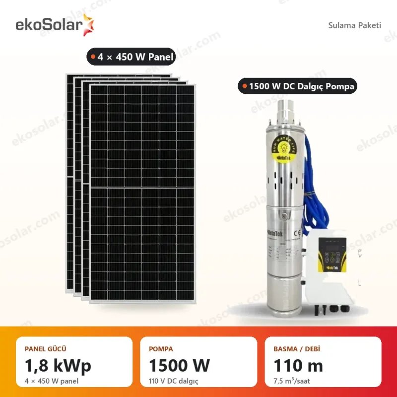 Hegel 1500W 110V Dalgıç Pompalı Solar Sulama Paketi — 4 Panel, 110 m, 7,5 m³/saat