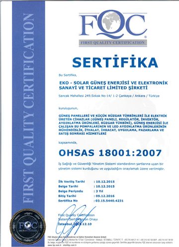 ekoSolar OHSAS 18001:2007 İş Sağlığı ve Güvenliği sertifikası